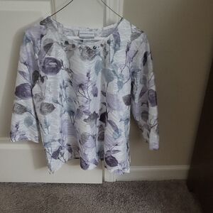 Alfred Dunner Purple and Gray Floral Blouse with Beaded Detail